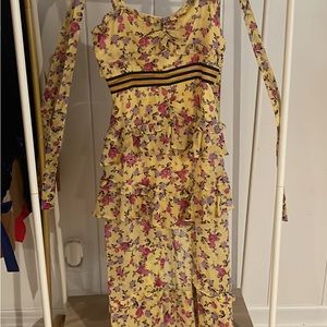 For love and lemons yellow floral maxi dress.